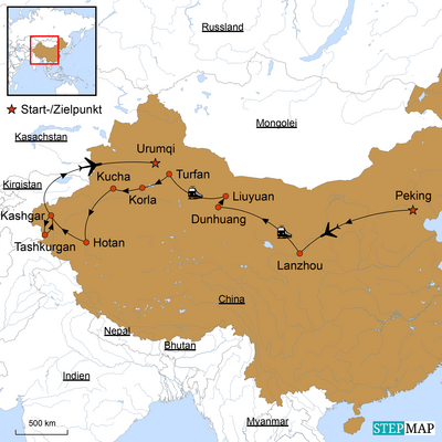 Reiseverlauf, Entlang der legendären China Seidenstraße Rundreise, Karte