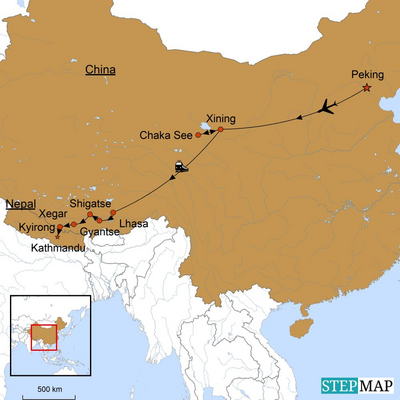 Karte zur Tibet Nepal Reise - Auf dem Friendship Highway von Lhasa nach Kathmandu, Tibet Nepal Reise