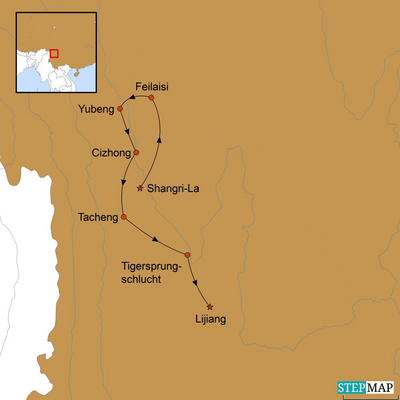 Reiseverlauf, China Wanderreise durch das wildromantische Yunnan, Stepmap