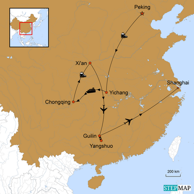 Karte zur China Reise mit Yangtze Kreuzfahrt