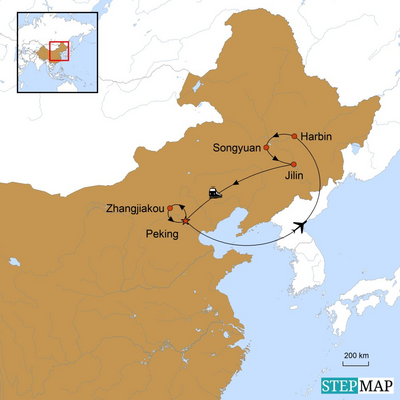 Karte mit Reiseroute zur Winterreise durch China, China Reisen
