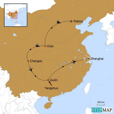 Reiseverlauf, Karte, Familienreise China