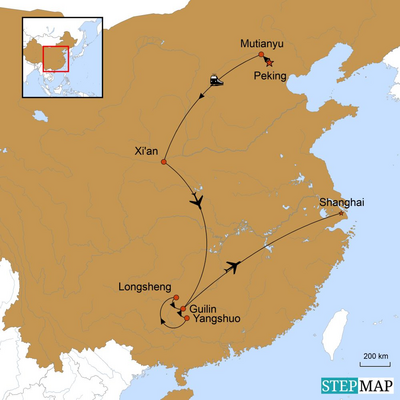 China Rundreise, Die Glanzlichter Chinas, Karte, Reiseverlauf